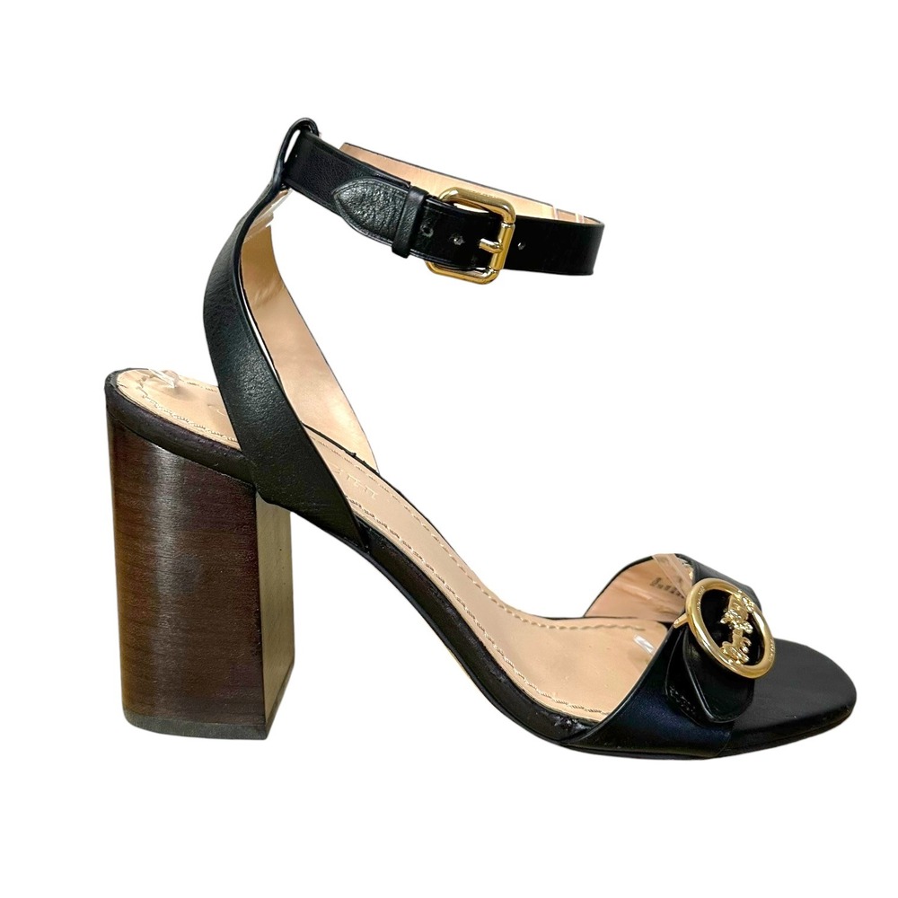 Coach Black Leather Block Heel Sandals Horse & Carriage Gold Hardware Womens 10 - Picture 9 of 16